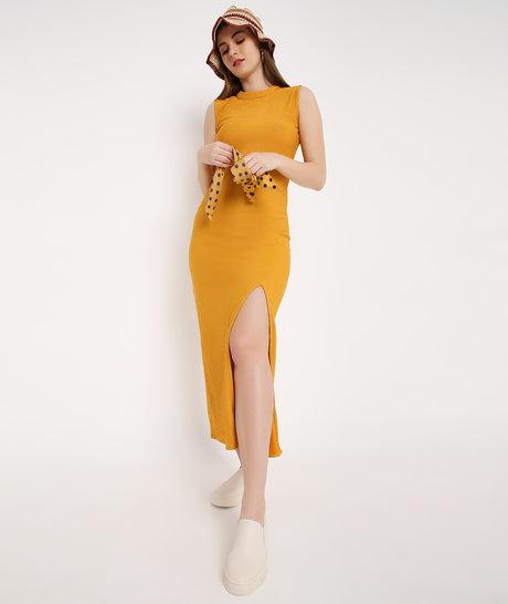 knee length dresses for ladies Calla Yellow Asymmetric Front Slit Twill Midi Dress – Bella Galvan