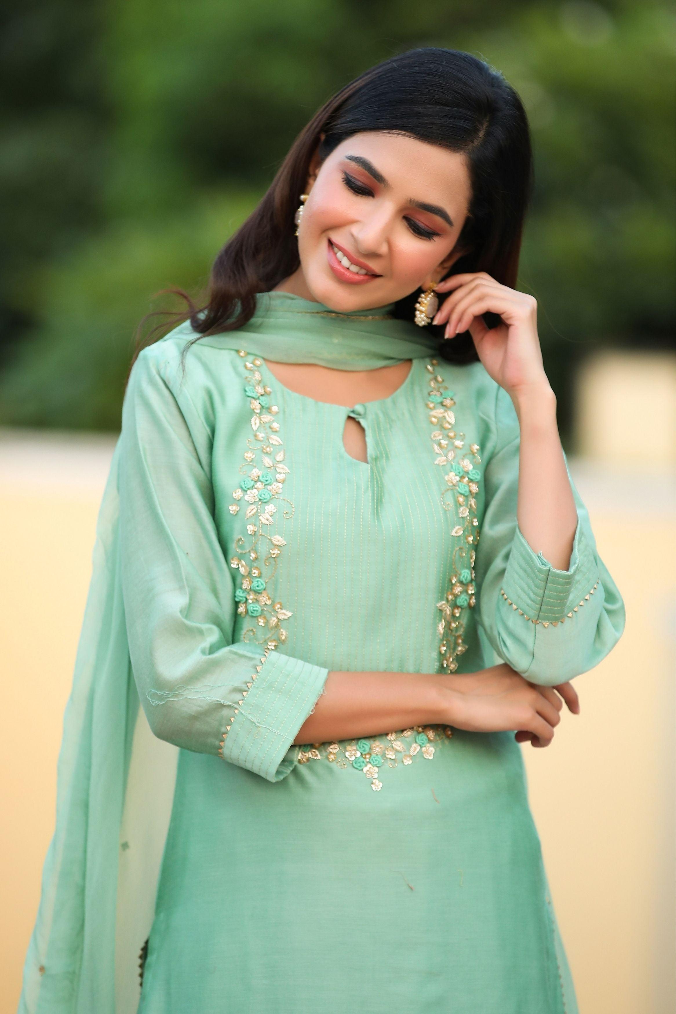 Women's Mughal Jaal Chanderi Suit Set - Gillori  Simple kurti designs,  Silk kurti designs, Sleeves designs for dresses